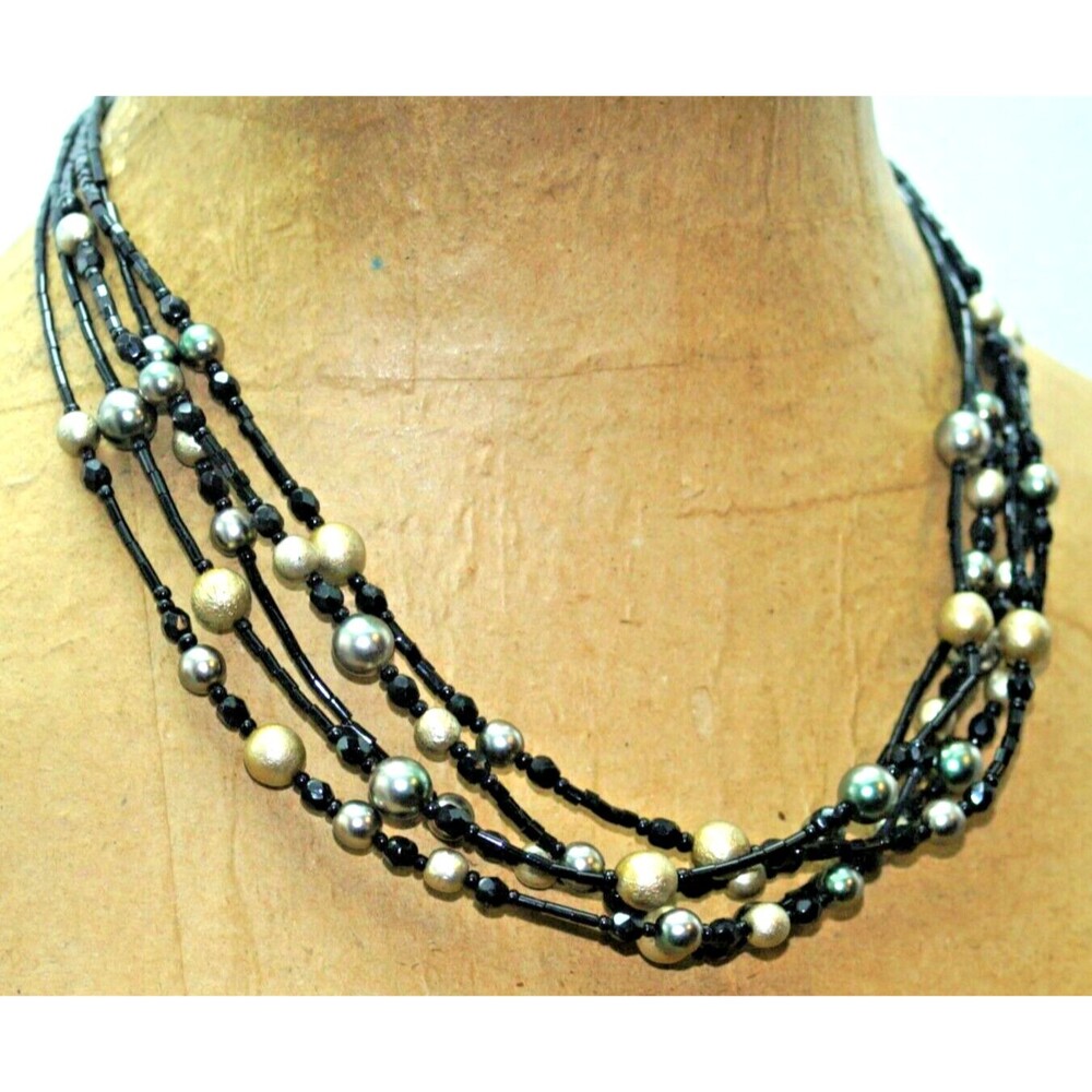 Vintage Jean Andre' Black Italy Murano Glass Bead 5 Strand Layered Necklace